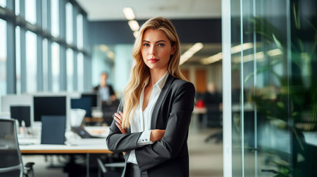 Confident Businesswoman with Arms Crossed Standing in Corporate Office Environment. Professional woman in modern officeの素材