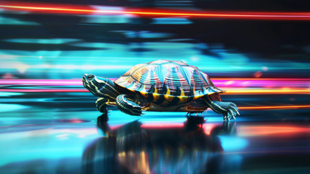 Close-up and side view of a fast turtle running at full speed in the race track with neon speed motion blurの素材
