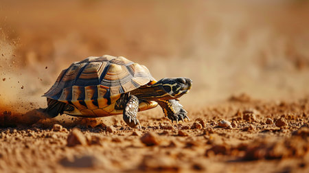 Close-up of a Fast Tortoise Running on a Dry Sandy Terrain. Tortoise in motion on sandy terrainの素材