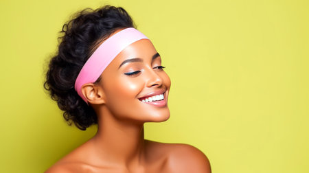 Bright Smiling Afro-American Woman with Pink Headband and a Playful Expression. Bright woman with pink headband smilingの素材