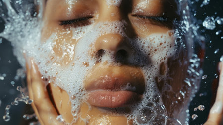 Intimate Beauty Routine with Close-Up of Model's Face Covered in Soap Suds. Close-up of soapy face washingの素材