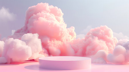 3D Rendered Pink Podium with a Background of Fluffy Cotton Candy Clouds for Product Display. Pink podium against dreamy cloud backdropの素材