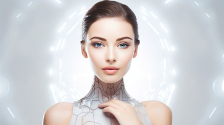 Futuristic Woman with Cybernetic Elements Signifying Advanced Skincare Technology. Futuristic skincare technology conceptの素材