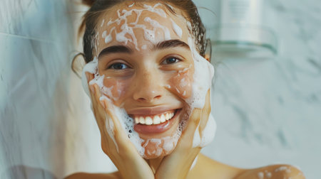 Youthful Woman Enjoying a Cleansing Routine with Bubbles, Emphasizing Daily Skincare. Woman with foaming facial cleanserの素材