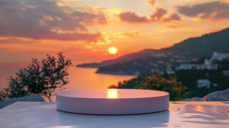 Tropical Sunset View with White Podium Overlooking Ocean for Serene Product Displays. Sunset podium with ocean viewの素材