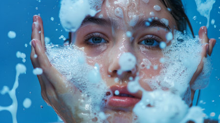 Intimate Beauty Routine with Close-Up of Model's Face Covered in Soap Suds. Close-up of soapy face washingの素材