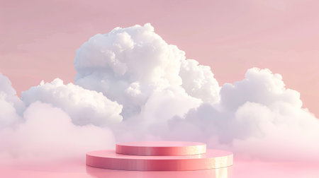 3D Rendered Pink Podium with a Background of Fluffy Cotton Candy Clouds for Product Display. Pink podium against dreamy cloud backdropの素材
