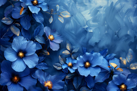 Vivid Blue Flowers with Golden Accents Set Against Artistic Blue Brush Strokes. Blue flowers with a painterly blue backdrop.の素材