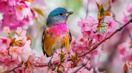 Vibrant Songbird Perched Among Cherry Blossoms, A Vivid Display of Spring and Natural Beauty. Colorful bird among cherry blossoms in spring bloom.の素材