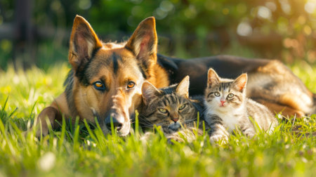 German Shepherd and Cats Lounging Together on Green Grass, Depicting Harmony Between Different Animal Species. Dog and cats relax together outdoors.の素材
