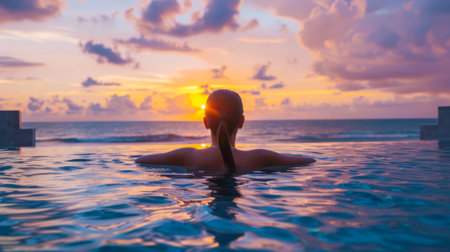 Woman enjoying a tranquil sunset from an infinity pool, a serene end to the day in a tropical paradise. Woman in infinity pool at sunset, serene view.の素材