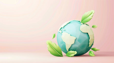 Stylized Earth Day Concept with 3D Globe and Green Leaves, Environmental Awareness and Sustainability Theme. 3D Earth and leaves, symbolizing environmental care.の素材