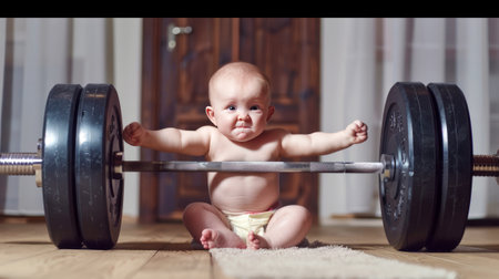 Baby in stripes lifts barbell, comic display of strengthの素材