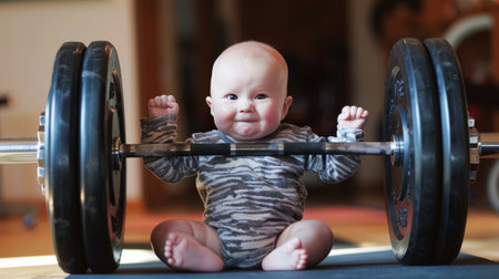 Baby in stripes lifts barbell, comic display of strengthの素材