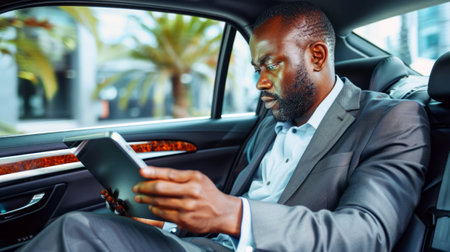 Businessman in Suit Using a Tablet in a Luxury Car Backseat. An executive reviews content on a tablet while in a car's backseat.の素材