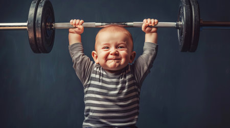 Happy baby playfully lifting weights, creating a humorous sceneの素材
