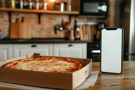 Smartphone and pizza box on kitchen counterの素材