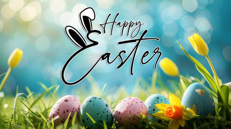 Colorful Easter eggs nestled in grass with spring flowers and festive scriptの素材