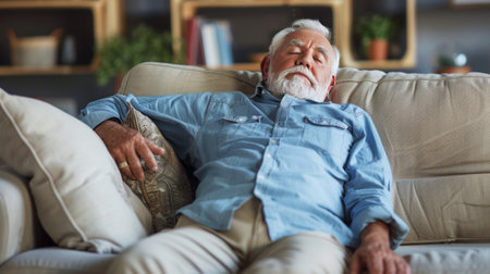 Senior man taking a serene nap on the couch in sunlightの素材