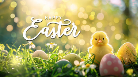 Yellow chick with speckled Easter eggs in a sunlit grassy backdropの素材