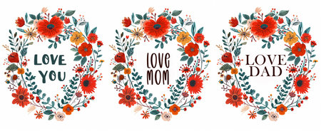 Floral Heart Wreaths with Love Messages for Mother, Father, and Someone Special. Heart-shaped flower wreaths featuring loving messages for parents and loved ones.の素材