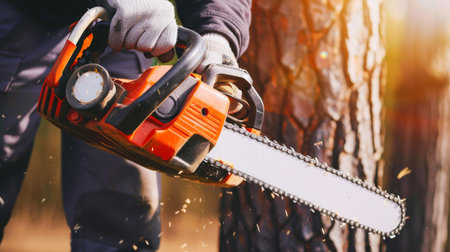 Worker Using Chainsaw for Cutting Tree Branches with Safety Gear. A worker in protective gear safely operates a chainsaw to trim trees.の素材