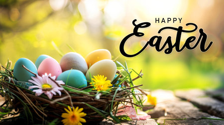 Nest with multicolored Easter eggs and daisies in a sunny spring settingの素材