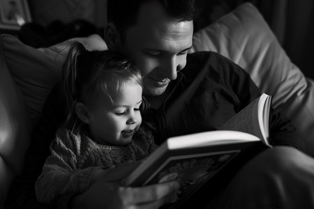 Father and daughter enjoy a book in a tender, quiet moment.の素材