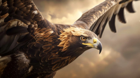Eagle flying, intense look, cloudy backdropの素材