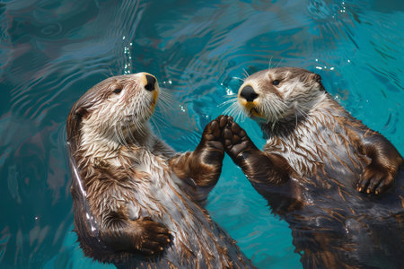 Playful sea otters holding hands on the water's surface, bonding in harmonyの素材