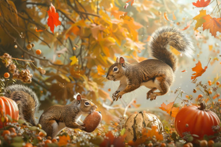 Squirrels in playful autumn chase, agility amid fallen leaves.の素材
