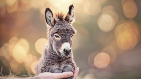 Mini donkey in hands with warm bokeh backdropの素材