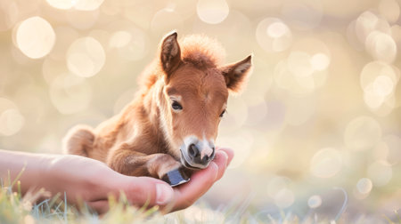 Newborn horse in hands with bokeh light effectの素材