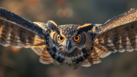 Small owl flying, focused eyes amid autumn foliage.の素材
