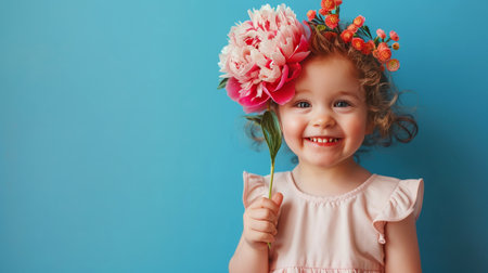 Happy girl with peony in a pastel blue Background.の素材