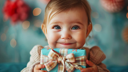 Infant with sparkling eyes hugging a blue present, joyous.の素材
