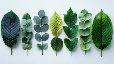 Herbal leaves knolling on white, organic diversity symbolizedの素材