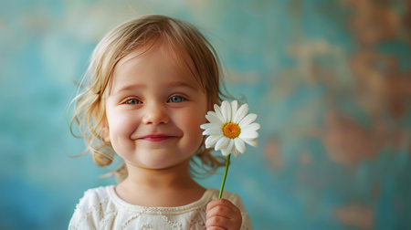 Girl with serene smile holding a daisy, peaceful delight.の素材
