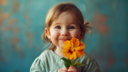 Smiling girl with yellow pansy, fresh spring joy.の素材