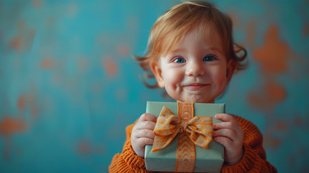 Joyful toddler with gift box in orange knitwear.の素材