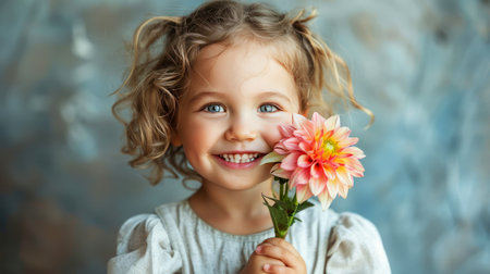 Smiling curly-haired child holding a pink flower, joyful expression.の素材