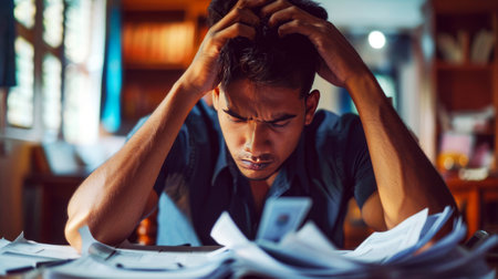A man stressed by financial documents, depicting personal economic strain.の素材