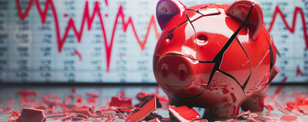Broken piggy bank with financial charts, symbolizing economic downfallの素材