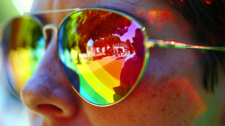 Reflective sunglasses show a vibrant rainbow flag, pridefulの素材