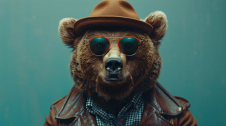 Bear with hat and glasses, posing in smart casual style, urban setting.の素材