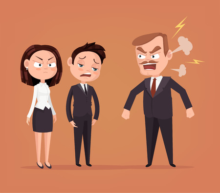 Angry boss character yelling at employee. Vector flat cartoon illustrationのイラスト素材
