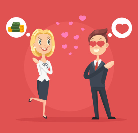 Woman character love man for money. Vector flat cartoon illustrationのイラスト素材
