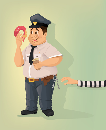 Careless cop character eating donut. Thief hand trying to steal keys. Vector flat cartoon illustrationのイラスト素材