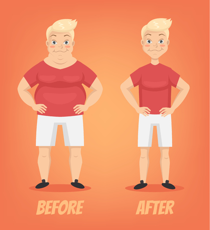Before and after sport man character. Vector flat cartoon illustrationのイラスト素材