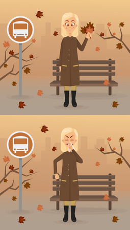 Happy and sad girl character. Autumn season. Vector flat cartoon illustration setのイラスト素材